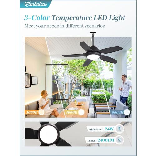 42 Inch Waterproof Outdoor Ceiling Fan with Lights and Remote,IP65 Hanging Gazebo Fan with 3CCT 6-Speed DC Motor,Black Wet Rated Plug in Ceiling Fan with Cord for Patios Porch Pergola