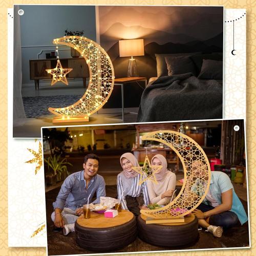 Tujoe Ramadan Crescent Moon Wooden Moon Decorations Lights for Home Eid Mubarak Star Crescent Eid Crafts Light Stand Mubarak Table Centerpiece with Star Ornament for Home Islamic Gift(20 x 17 Inch)