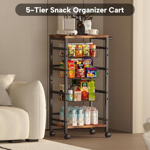 5-Tier Snack Organizer Cart with 3 Height Adjustable Pull-Out Baskets and 2 Storage Shelves, Utility Kitchen Organizer and Storage Cart with Convenient Handle for Fruit Potato Onion Vegetable Snack