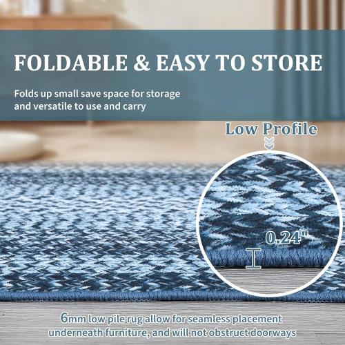 Washable Rug  Boho Accent Carpet Modern Geometric Floor Carpet Indoor Throw Floor Cover Braided Print Rug Low Pile Non Slip Farmhouse Rustic Bohemian Carpet for Living Room Bedroom, Blue