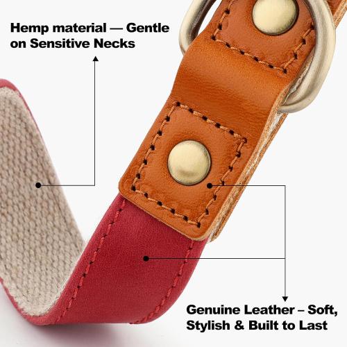 Plutus Pet Genuine Leather & Hemp Dog Collar – Adjustable Heavy Duty Pet Collar with Quick Release Metal Buckle, Soft & Stylish for Puppy and Small, Medium, Large Dogs (Red, L)