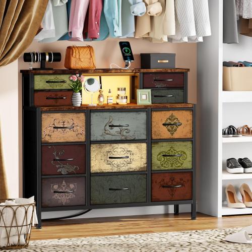 Dresser for Bedroom with 13 Drawers 2 Open Shelves, Fabric Storage Dresser, Chest of Drawers, Pattern Organizer for Closet, Bedside, Living Room, Entryway, Hallway