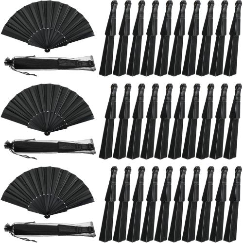 Wenqik 80 Pcs Wedding Folding Hand Fans Bulk Silk Fabric Chinese Handheld Foldable Clack Fans with Plastic Ribs for Party, Wedding Gifts, Line Dancing, Home Decorative (Black)