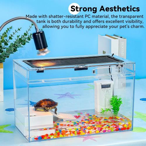16x10x8 Inch Turtle Tank Kit A High-Definition Aquarium with Heating Lamp, Filter, Advanced Ventilation, High-Temperature Resistance, Complete Accessories for Turtle Habitat