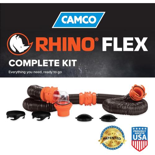 Camco RhinoFLEX Camper/RV Sewer Hose Kit with 4-in-1 Adapter & Clear Elbow, Includes Caps for Convenient Storage, Fits 3″ Slip & NPT Threaded Sewer Connections