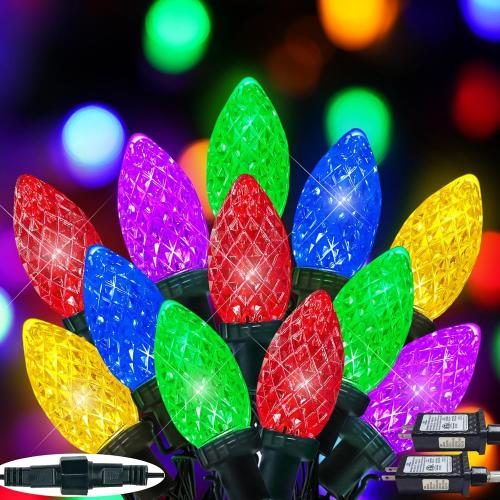 2-Pack Extentable C9 Christmas Lights Outdoor Indoor, 66 FT 100 LED Christmas String Lights Plug in with 8 Modes & Timer, Waterproof Fairy Twinkle Light for Xmas Tree Yard Decorations (Multi-Colored)