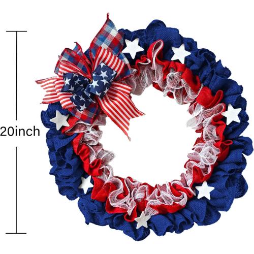 XKCL Patriotic Wreaths, 20 Inch Memorial Day Wreath, 4th of July American Flag Wreath for Front Door Decorations (Bule＆red)