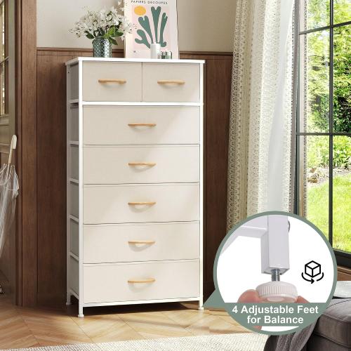 Crestlive Products Vertical Dresser Storage Tower - Sturdy Steel Frame, Wood Top, Easy Pull Fabric Bins, Wood Handles - Organizer Unit for Bedroom, Hallway, Entryway, Closets - 7 Drawers (Beige)