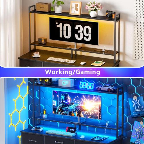 Black Computer Gaming Desk with Hutch, Home Office Desk with Power Outlets, LED Light, 5 Storage Drawers, 2 Tiers Shelves for Display, 47 Inch Modern Study Writing Table for Bedroom, Black