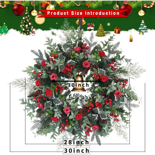 30inch Christmas Wreath, Artificial Winter Wreaths for Front Door with Bell Pinecone Berries for Outdoor Indoor Wall Tree Table Farmhouse Holiday Wedding Birthday Party Decorations