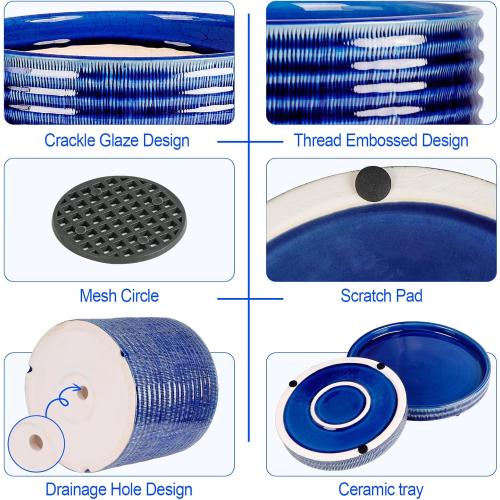 Ceramic Plant Pots, 3 Pack 6 8 10 Inch Indoor/Outdoor Planters with Drainage Hole, Mesh Pad & Saucer Unique Handcrafted Crackle Glaze Ceramic Flower Pots for Home Garden & Indoor Flower Pot Decor-Blue