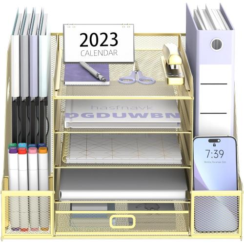 SUPEASY Mesh Desk Organizer with File Holder, 5-Tier Paper Letter Tray Organizer with Magazine Holder, Desktop Organizer and Storage with Drawer for Office Supplies Home or School, Gold