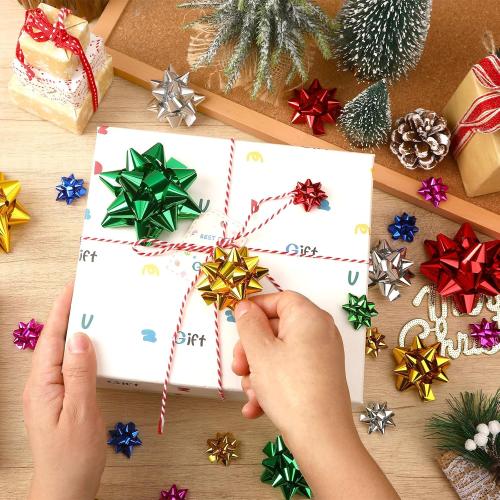 DECYOOL 1 Inch Mini Gift Wrap Bows, 200pcs Christmas Red Green Gold Silver Self Adhesive Metallic Bows for Holiday Christmas Birthday Party Favor Packaging Decorations