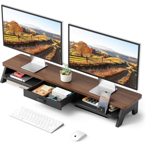 AFOOYO Dual Monitor Stand Riser,LED 2-Tier 39.3 Inch Computer Monitor Stand for 2 Monitors,Office Desktop Organizer with Storage Drawer and Phone Holder for Laptop,PC,Computer,Printer,Walnut
