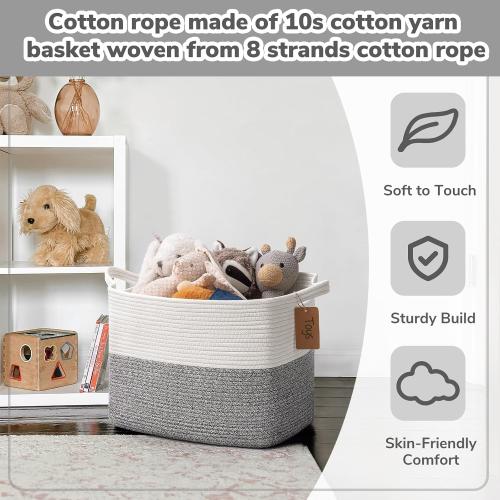 Goodpick Woven Storage Basket, Cotton Rope Baskets with Handles, Toy Baskets Storage Kids, Blanket Basket for Living Room, Bedroom, Gray and White, 18 x 14 x 12 Inches