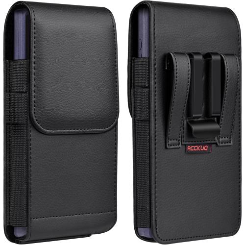Leather Phone Holster with Strong Metal Belt Clip and Magnetic Closure Compatible with iPhone 16/15/14/13/12 Pro Max, Galaxy S25/S24/S23/S22 Plus & FE, L-Black