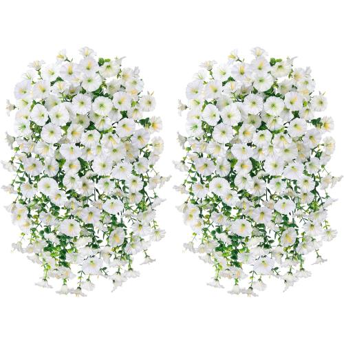 Artificial Faux Hanging Flowers Plants for Outdoor Decor,2 PCS Fake Silk Morning Glory with Eucalyptus UV Resistant Realistic Trailing Vines for Wall Home Porch Patio Balcony Yard Indoor Decor,White