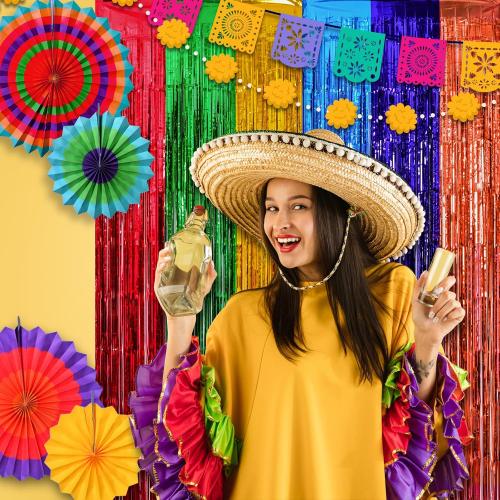 Mega-L Fiesta Taco Foil Fringe Curtains, Mexican Party Backdrop, 2 Pack