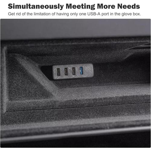 Leiakendi Glove Box USB Hub for Tesla 2024-26 Model 3 Highland, Cybertruck and Model Y Juniper 2025-26, 4-in-1 Glovebox Docking Station Accessories for Dashcam Flash Drive Data Transferring Game Music