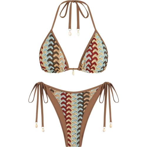 ZAFUL Women's Colorblock Stripes Triangle Halter Tied Cheeky Thong Bikini Set High Cut Two Piece Bathing Suit