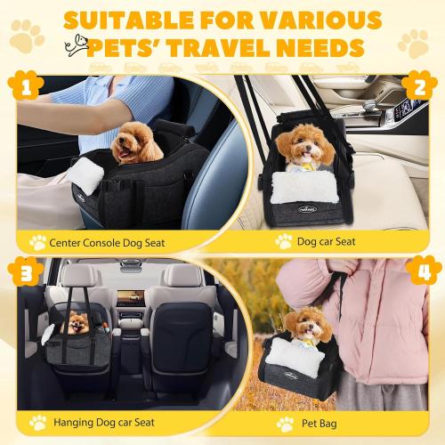 New Nobleza Dog Car Seat for Center Console, Detachable Console Pet Seat for Small Puppy Cat Kitten with Safety Protective Hooks, Adjustable Straps Storage Pocket & Safety Leash for Outdoor Travel