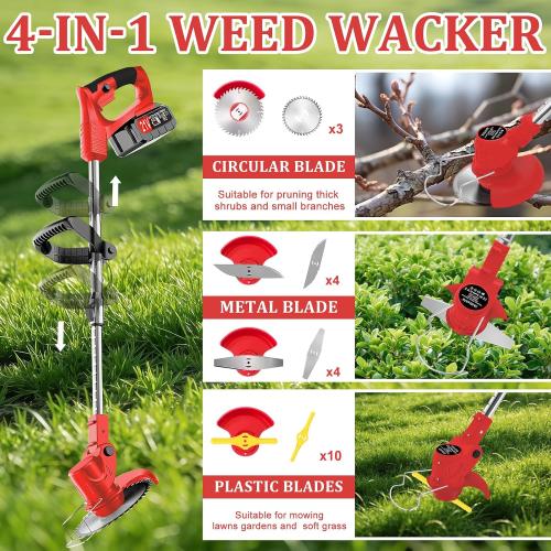 21V Electric Weed Wacker Cordless Weed Wacker Eater Lightweight Grass Trimmer with 4 Types Blade & Fast Charger & 2x2000mAh Batteries Brush Cutter for Garden Lawn Yard Red