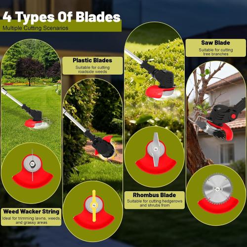Electric Weed Wacker Cordless Eater 21V Battery Powered Lightweight Portable String Trimmers 3-in-1 Lawn Edger/Grass Trimmer/Brush Cutter with 4 Types Blades & Wheels for Yard and Garden