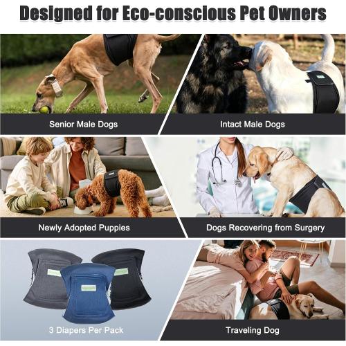Wegreeco Washable Male Dog Belly Band (Stylish Pattern) - Pack of 3 - Washable Male Dog Belly Wrap, Dog Diapers Male (Black, Charcoal, Navy, Large)