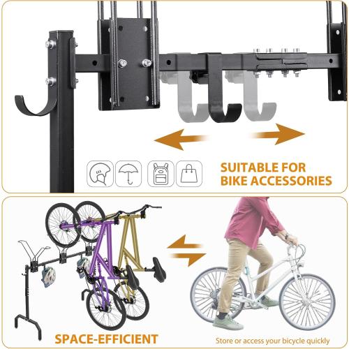 Cycle Storage Organizer Rack for 3 Bikes, Portable Bicycle Parking Rack with 4 Hooks, Bikes Floor Stand for Garage/Home/Indoor/Outdoor Use