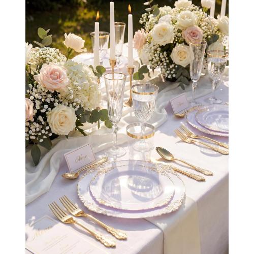 Nervure 350PCS Gold Plastic Plates - Gold Plastic Dinnerware Sets for 50 Guests - 100 Disposable Plates, 150 Silverware, 50 Cups, 50 Napkins for Wedding & Party