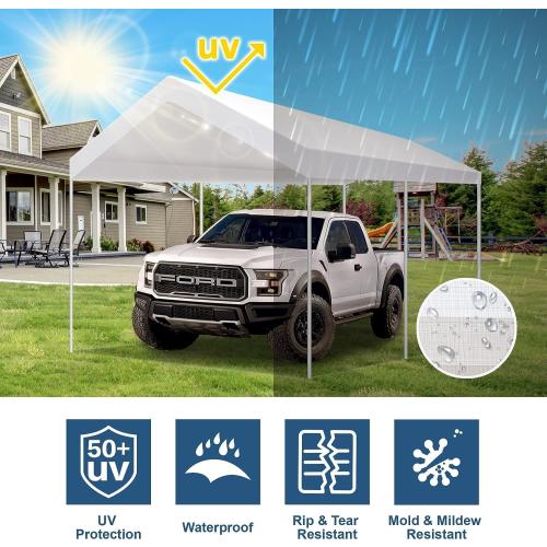 10' x20' Upgraded Carport Replacement Canopy Cover for Car Garage Shelter Party Tent with Ball Bungees White (Only Top Cover, Frame is not Included)