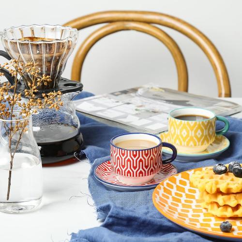 Selamica Ceramic Espresso Cups with Saucers and Metal Stand, 2.5 OZ Stackable Demitasse Cups for Espresso Latte Café Mocha Tea, Set of 4, Assorted Colors