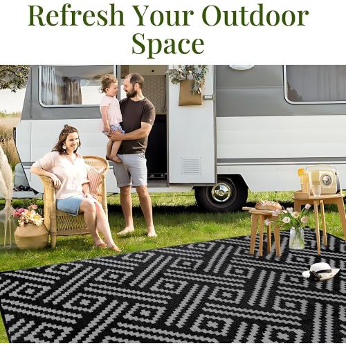 Black and Grey OPPODREAM Outdoor Rug, Waterproof Outdoor Plastic Straw Rug for Patio, Reversible Out Door Carpet for Camping, Deck, Rv, Area Carpet for Balcony, Porch, Backyard, Black and Beige