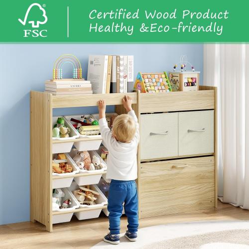 Toy Storage Organizer for Kids, 9-Bin Toy Organizer with 2-Drawers, Movable Toy Chest and Top Rack, Multifunctional Kids Bookshelf and Toy Storage for Playroom, Bedroom, Nursery, White