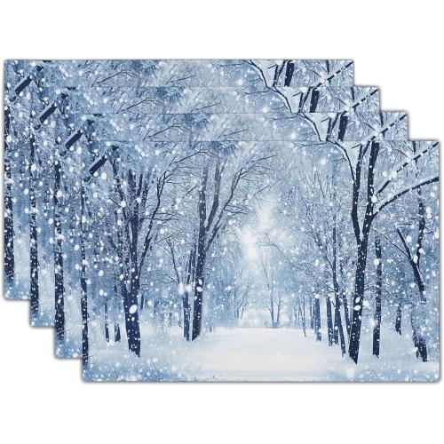 Winter Placemats Set of 4 18x12 Inch Snow Snowflake Forest White Holiday Linen Place Mat Heat-Resistant Washable Wipeable Winter Sence Table Mat for Party Kitchen Dining Home Decor