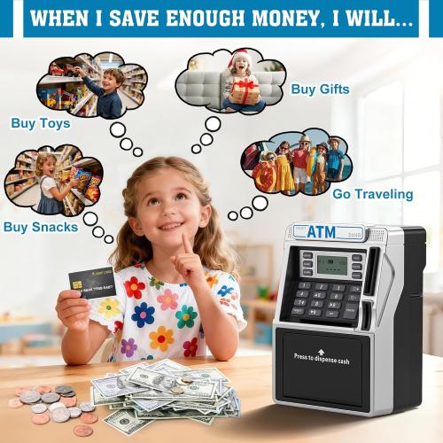 ATM Piggy Bank for Kids Rechargeable, Power-Off Memory for Real Money Safe with Debit Card, Coin Recognition,Bill Feeder,Balance Calculator, Kids ATM Machine for Boys Girls