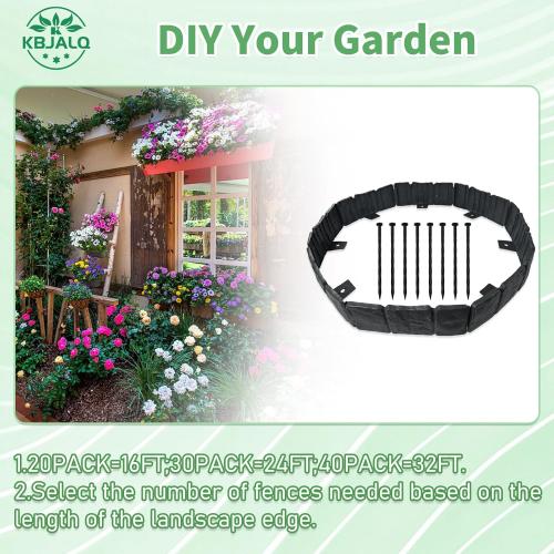 Garden Edging Border with Anchoring Spikes,Plastic Landscape Edging Border Imitation Stone Fence for DIY Outdoor Yard Landscaping (40pcs/32 FT, Black)