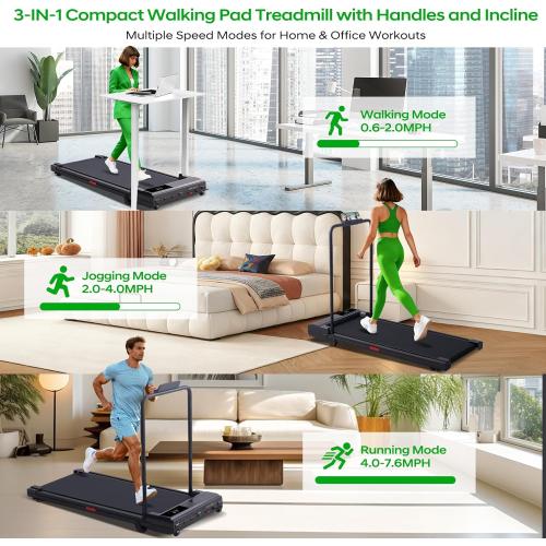 Walking Pad with Handle Bar and Incline, 3.0HP Portable Compact Walking Pads Treadmills with Handles for Home Small, 0.6-7.6MPH Electric Treadmills for Apartment/Home Small Spaces, 350LBS