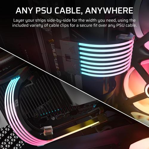 CORSAIR iCUE ARGB PSU Cable Strips – 2X 200mm LED Strips – 100 RGB LEDs Per Strip – Fits Any PSU Cable – Motherboard 5V ARGB Control – Black