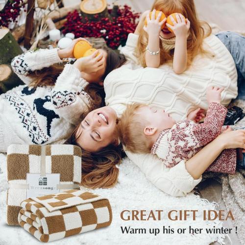 WRENSONGE Fall Checkered Throw Blanket, Burnt Orange Soft Cozy Fluffy Warm Hand Made Throw Blankets for Couch, Sofa, Chair, Bed, Camping, Picnic, Travel Lightweight Bed Blanket - 50*70