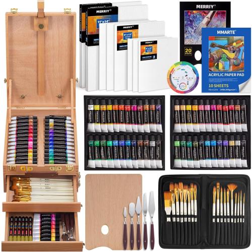 MERRIY 80-Piece Acrylic Paint Set, Artist Painting Supplies Kit with Tabletop Sketch Box Easel, 48 Colors Acrylic Paints,11x 14Stretched Canvas &More, Premium Acrylic Painting Set for Adults