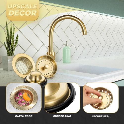 Mudder 3 Pcs Kitchen Sink Drain Strainer and Stopper Stainless Steel Garbage Disposal Plug with Handle Universal Anti-Clogging Kitchen Sink Filter Sieve Basket Strainer(Brushed Gold)