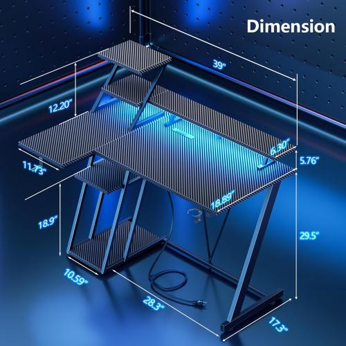 40 Inch Black Carbon Fiber Gaming Desk with LED Lights & Power Outlet, Small Gaming Computer Desk with Storage Shelves, L Shaped Gamer Workstations with Monitor Stand for Bedroom