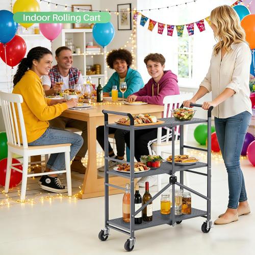3 Tier Utility Carts - Folding Metal Rolling Cart with Wheels for Kitchen Office Garage Storage, Grey