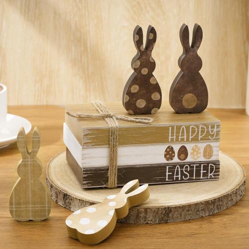 Whaline 7Pcs Easter Wooden Tiered Tray Decor Farmhouse Faux Stacked Books Bunny Rabbit Decorative Table Centerpiece Block Signs for Party Home Kitchen Dining Table Decor