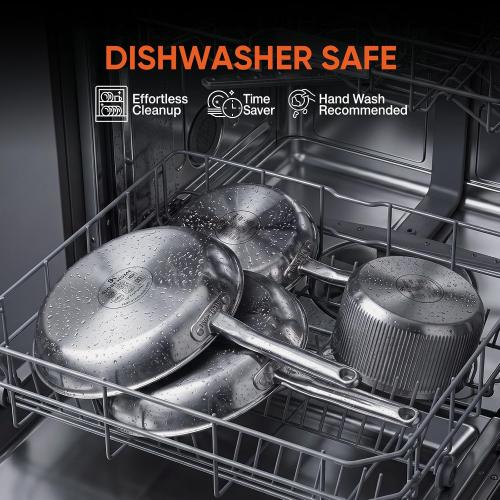 10 5-Ply Stainless Steel Frying Pan | dual aluminum core, uncoated surface, oven & broiler safe 800°F, induction ready, dishwasher safe, searing & family meals