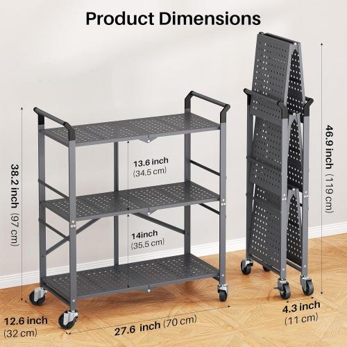 3 Tier Utility Carts - Folding Metal Rolling Cart with Wheels for Kitchen Office Garage Storage, Grey