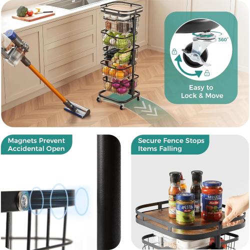 5 Tier Kitchen Vegetable Storage Cart Fruit Basket with One-Piece Rotating Bowls, Rolling Cart on Wheels with Wire Mesh Basket, Large Metal Pantry Organizer Stand Holder for Onion Potato, Black