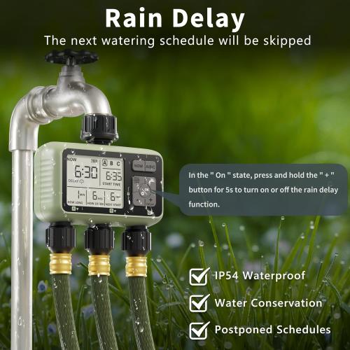 Diivoo 3 Zone Sprinkler Timer, Water Timer 3 Outlet for Garden Hose, Programmable Automatic Irrigation Timer IP54 with Rain Delay and Manual/Auto Mode Watering for Lawn, Yard, Pool, Green, HCT-378