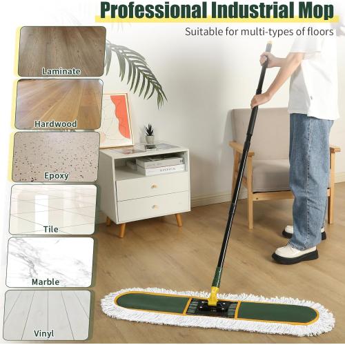 24 Commercial Dust Mop for Floor Cleaning, Heavy Duty Large Mop with Replacement Mops Pads, Industrial Duster Floor Wet Dry Broom for Cleaning Office Garage Hardwood Warehouse